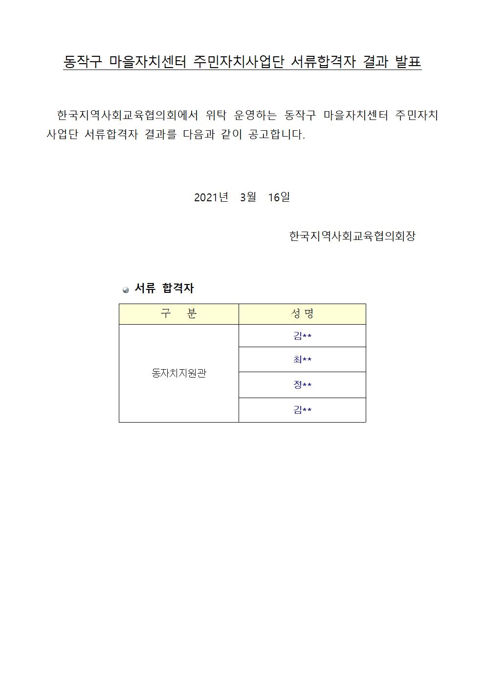 (공문 동작구청 2021-012) 붙임1. 동작구마을자치센터 주민자치사업단 인력 모집 서류합격자 결과001.jpg