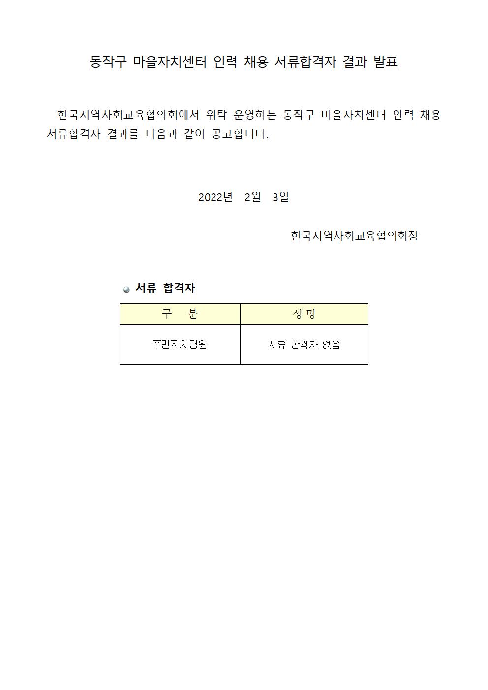 (공문 동작구청 2022-011) 붙임1. 동작구마을자치센터 인력 채용 서류합격자 결과001.jpg