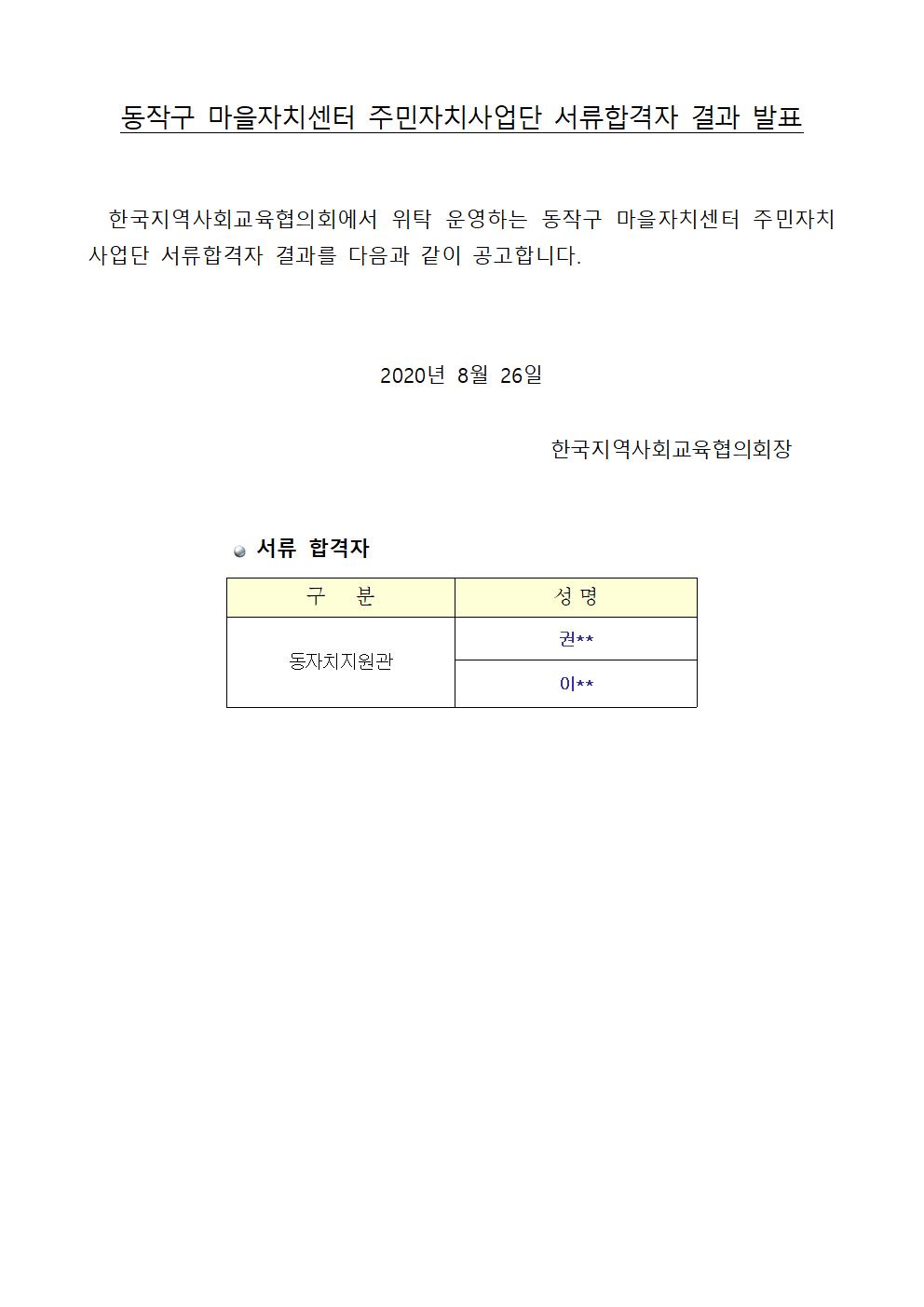 (공문 동작구청 2020-033) 붙임1. 동작구마을자치센터 주민자치사업단 인력 추가모집 서류합격자 결과001.jpg